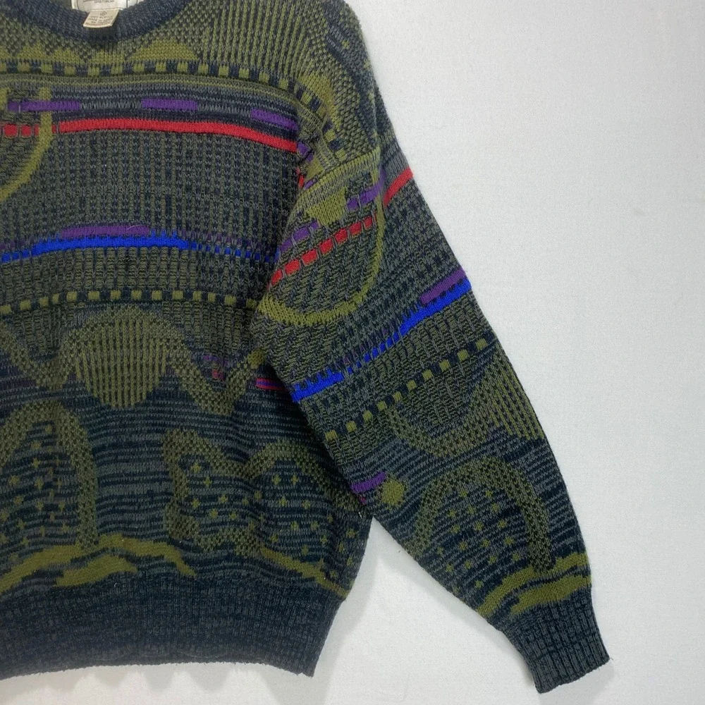 Union Pier 3D Coogi Style Sweater Abstract Men's Knit Green Purple Red Size M - Picture 6 of 9